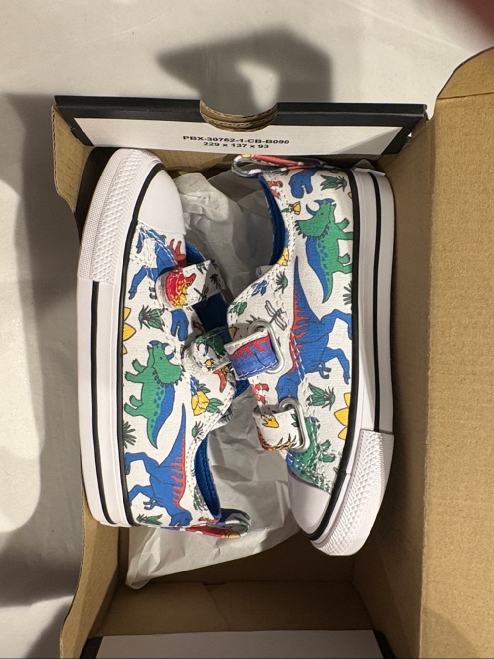 Kids Dinosaur Converse Sneakers - White with Blue & Green Dino Print